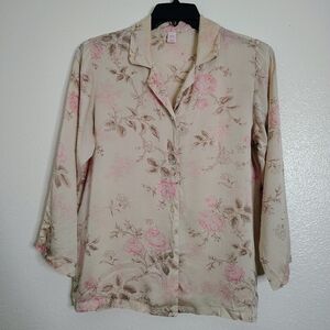 Silk Women's Floral Beige and Pink Women's Top 3/4 Sleeves Sz M 100% Silk